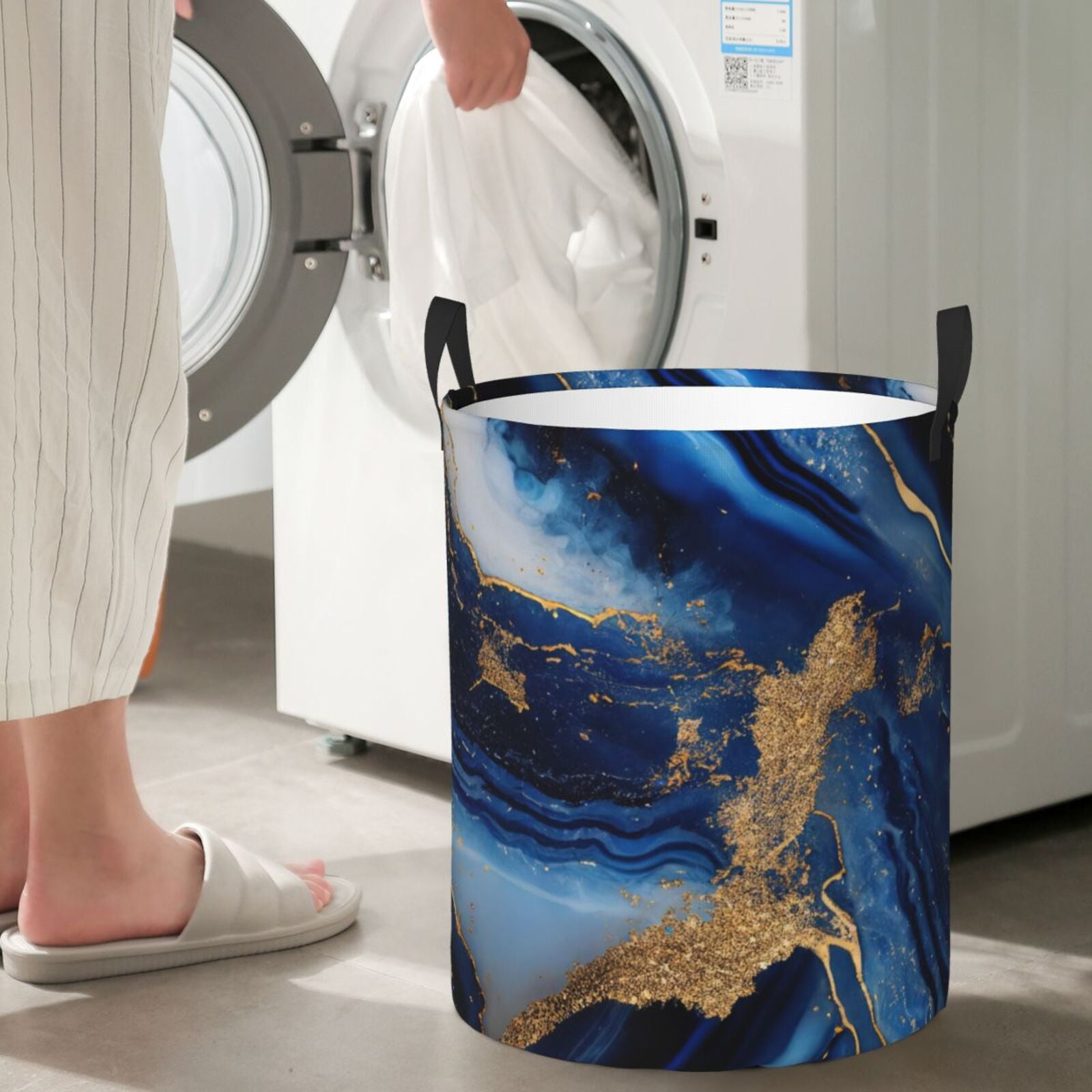 Large Laundry Basket with Handles - Navy Blue Marble Kids Baby Dirty Clothes Laundry Hamper for Bedroom Aesthetic