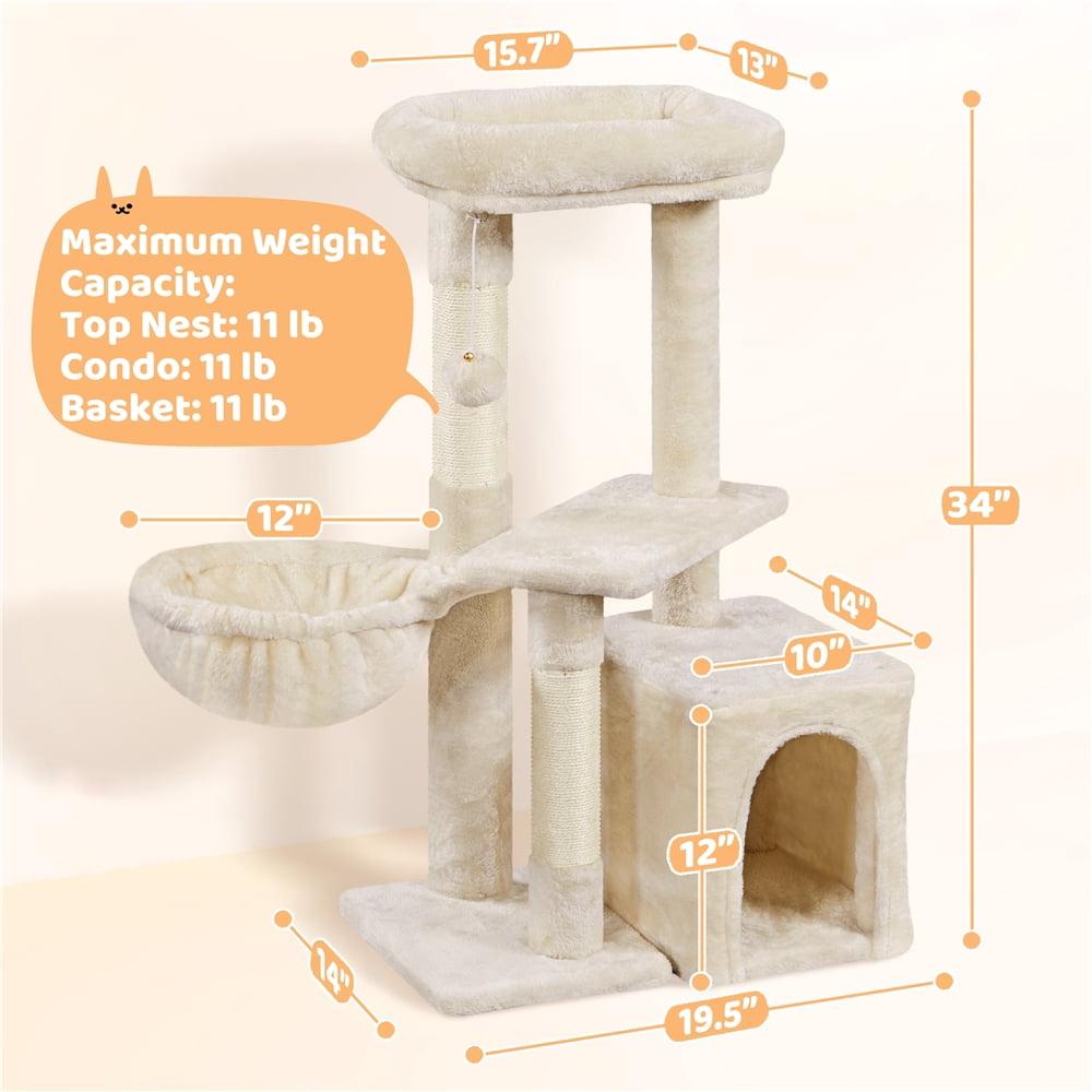 Yaheetech 34" Height Plush Cover Cat Tree with Condo and Sisal Ropes Posts, Beige