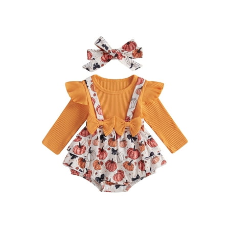 

RSRZRCJ Baby Girl Halloween Outfit Pumpkin Printed Ruffle Trim Long Sleeve Romper Dress Headband Infant 2 Piece Set