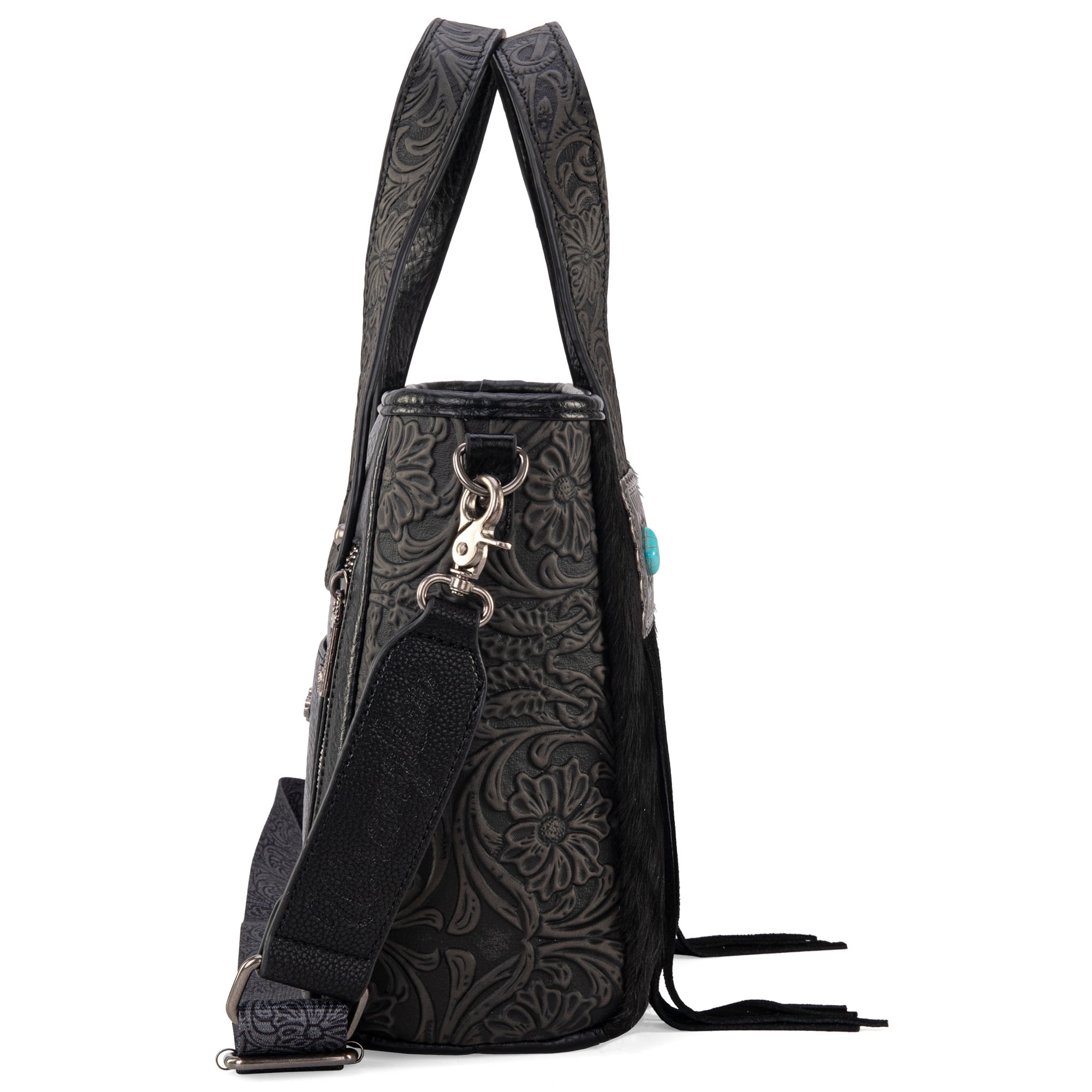 Wrangler Cowhide Tote Bag for Women Western Tooling Handbag Leather Fringing with Turquoise Stone Concho, Cowhide Black