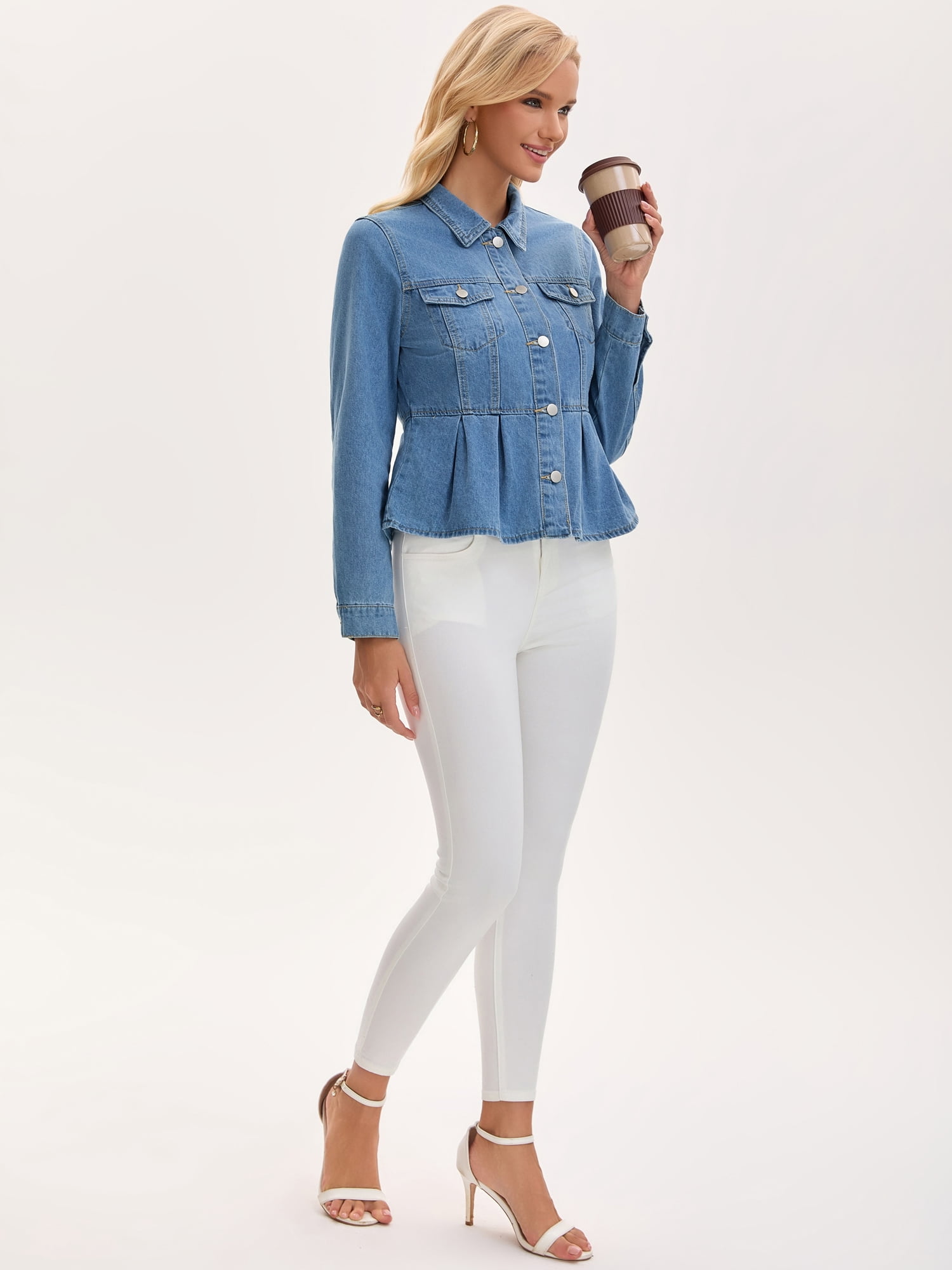 DARING DIVA Women's Button Down Collar Ruffle Hem Peplum Jean Jacket XL Light Blue
