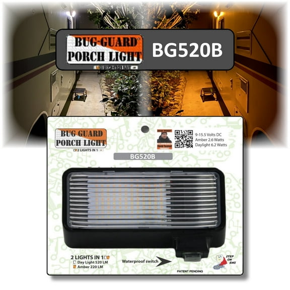 BG520B, 12 Volt Functional Exterior RV long-life LED Flood Porch light with bright 220 lumen (Amber)/520 Lunen (White), 2 Lights in one.