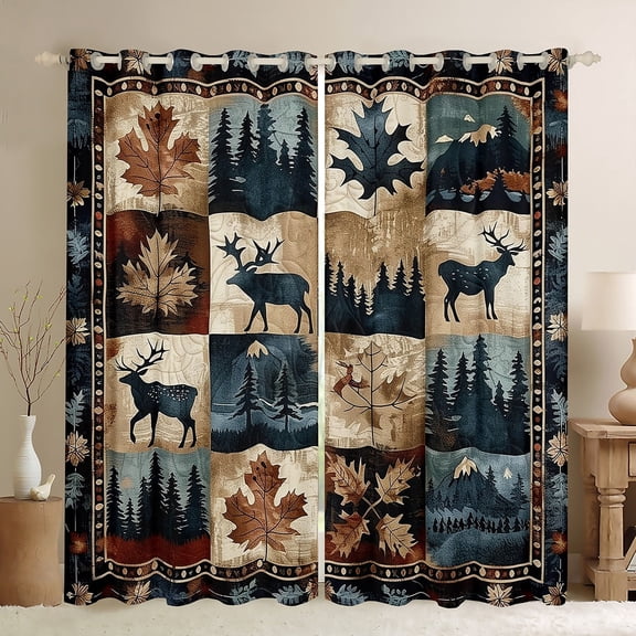 Manfei Rustic Deer Moose Black Out Curtains, Vintage Patchwork Curtains Pack of 2 (42x63 Each), Farmhouse Cabin Wildlife Bedroom Curtains, Window Curtains Bedroom Decor