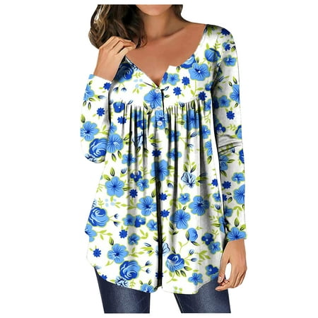 

Casual Tops for Women Hide Belly Tunic Butterfly Floral Print Long Sleeve Graphic Tees Blouse to Wear with Leggings