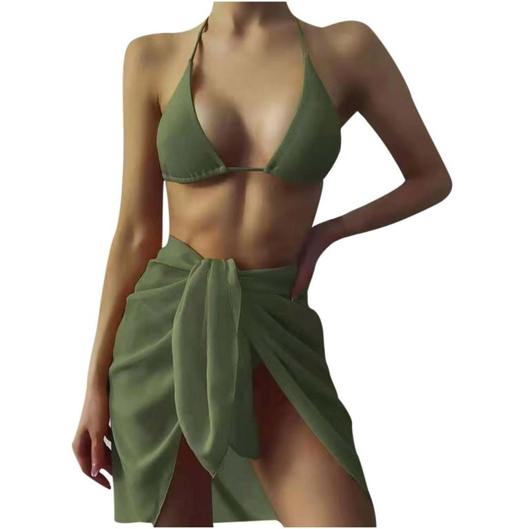 QLEICOM Womens Swimsuits Tummy Control Plus Size Swimsuit Coverup Cross  Sling High Waist Shorts Costume 3-Piece Swimsuit Split Army Green L 