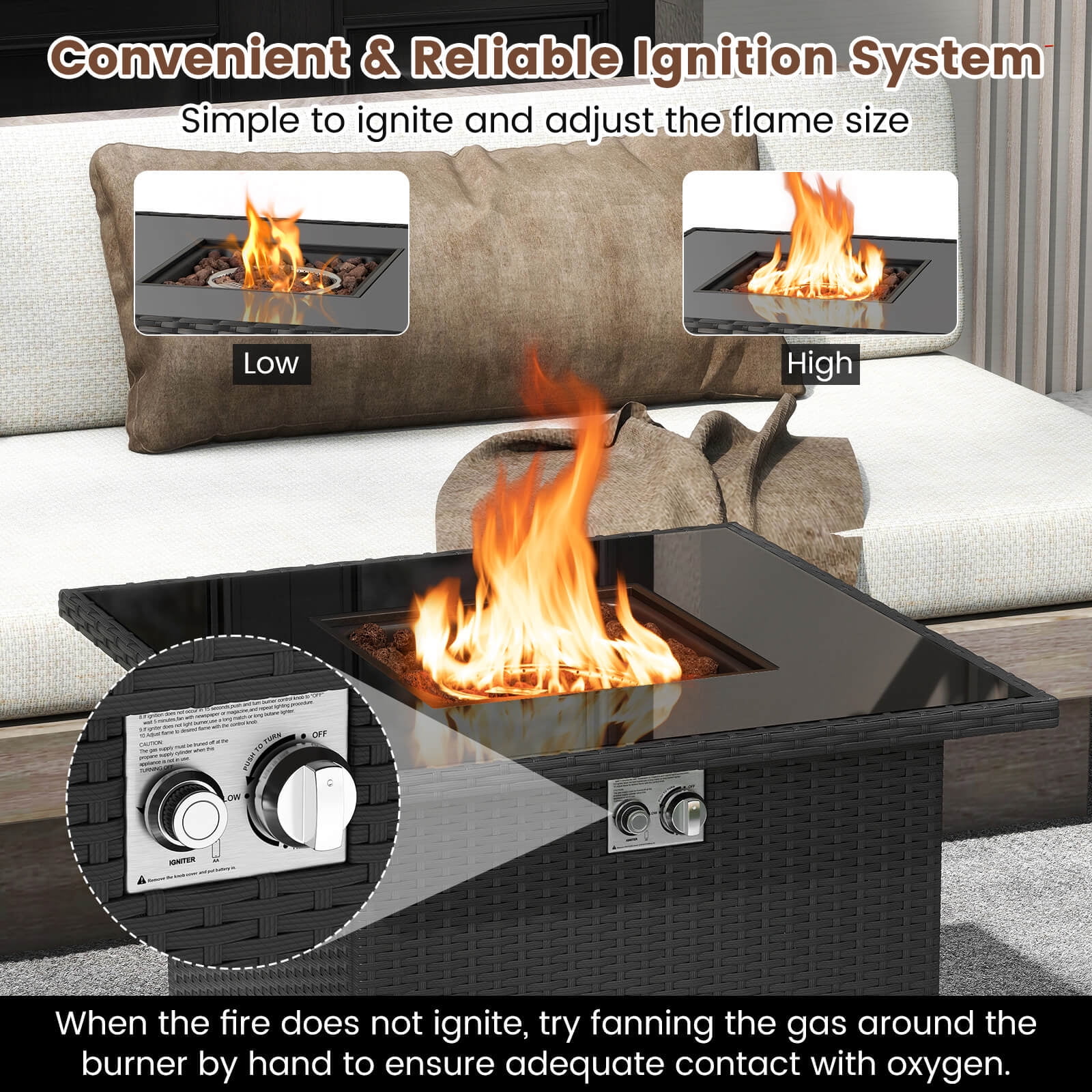 Costway 32.5" Propane Fire Pit Table Outdoor Wicker Gas Firepit with Stainless Steel Burner Black
