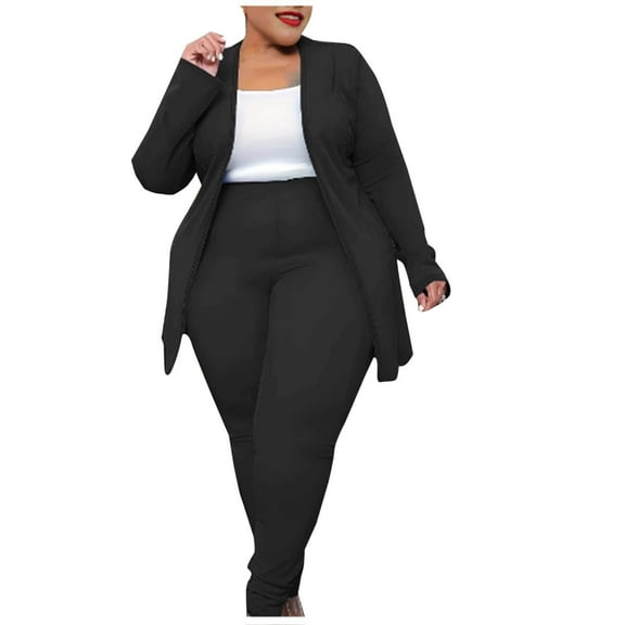 Women's Plus Size Lounge Sets Solid Long Sleeves Cardigan Jacket Strenchy Pants Casual Fall 2 Piece Outfits Black 2XL