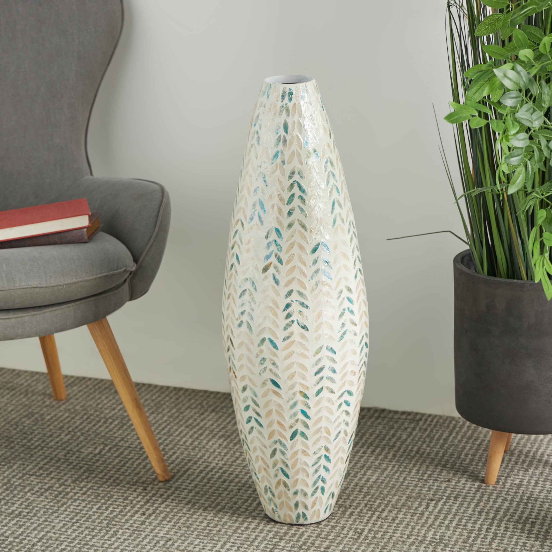 DecMode 33" Leaf Handmade Tall Mosaic Cream Mother of Pearl Shell Vase with Blue Accents