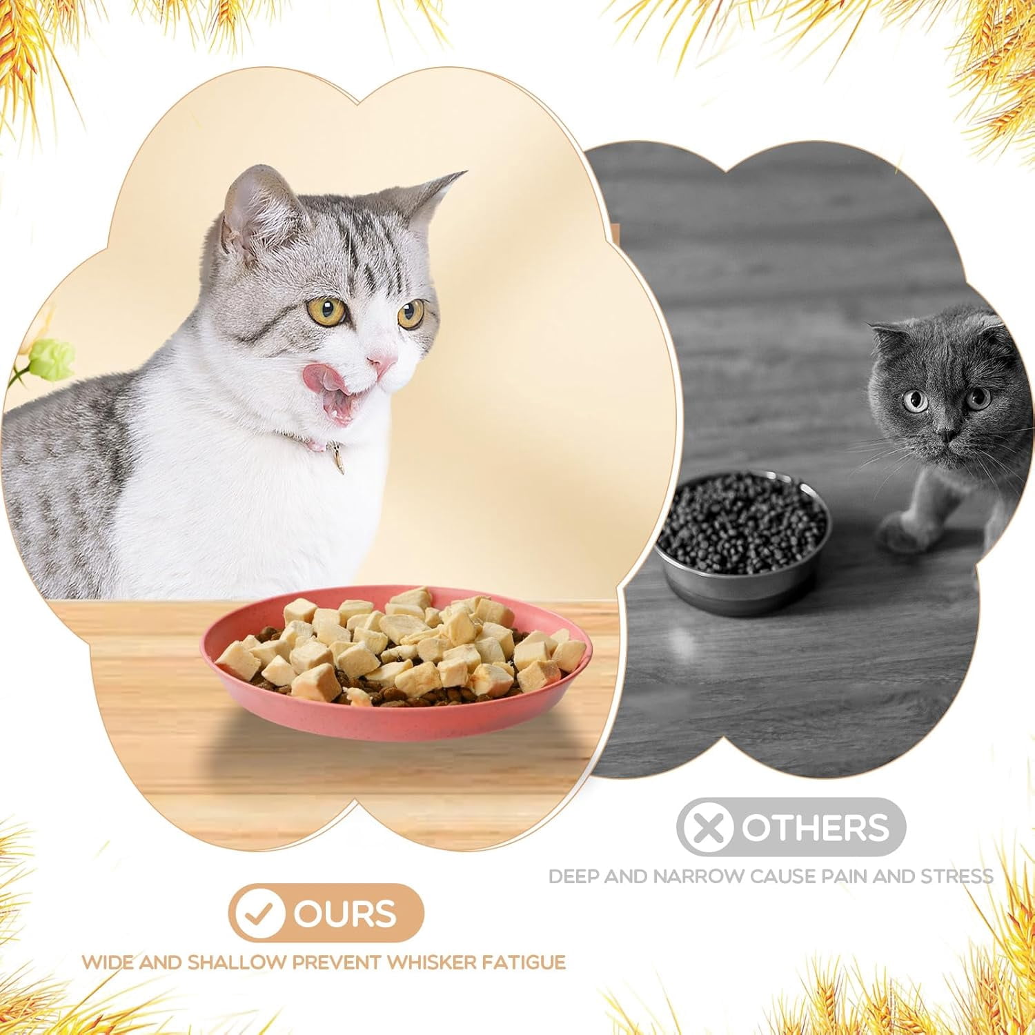 8 Pcs Whisker Fatigue Cat Bowls, 6 Inch Shallow Cat Food Dish Wide Cat Feeding Bowls, Wheat Straw Pet Plate for Kittens and Short Legged Cat