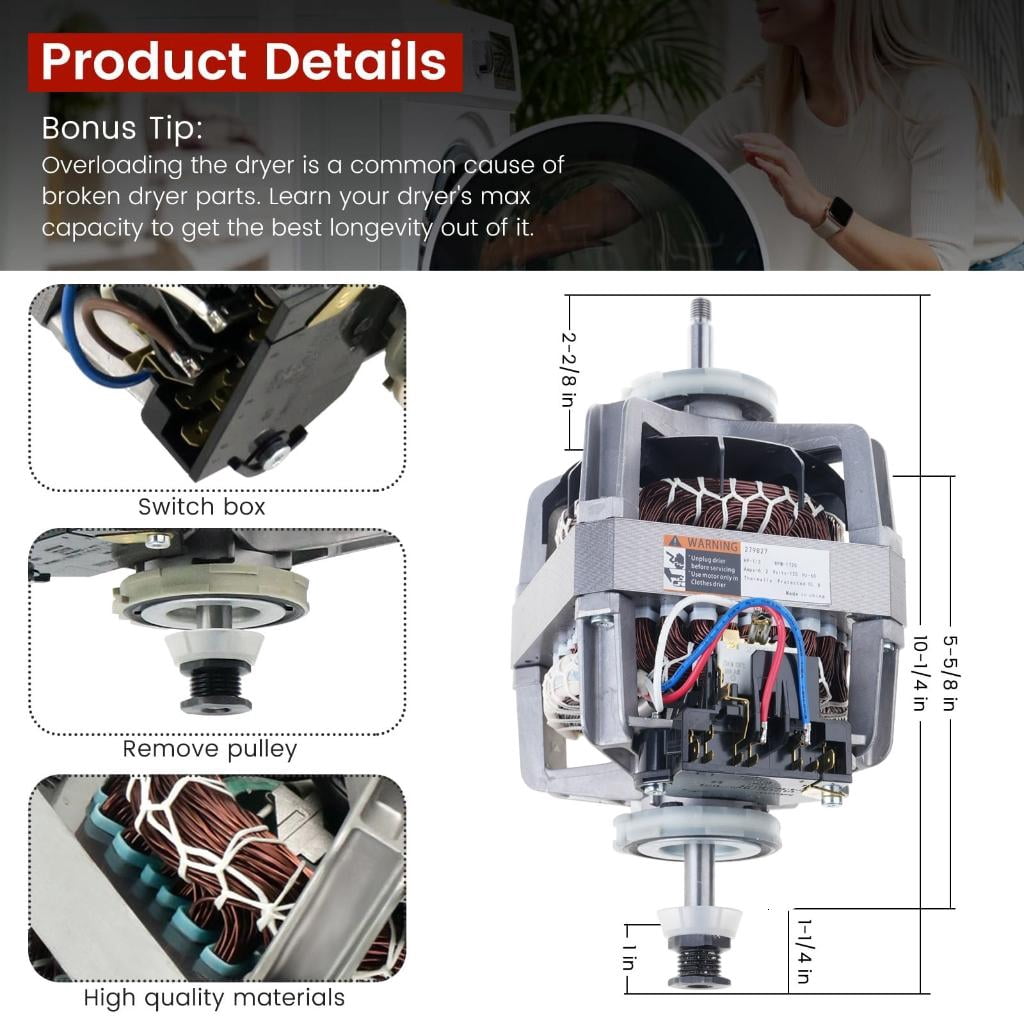 Osdhezcn Dryer Drive Motor 279827 Replacement Laundry Motor for W10194250 8528319 3388209