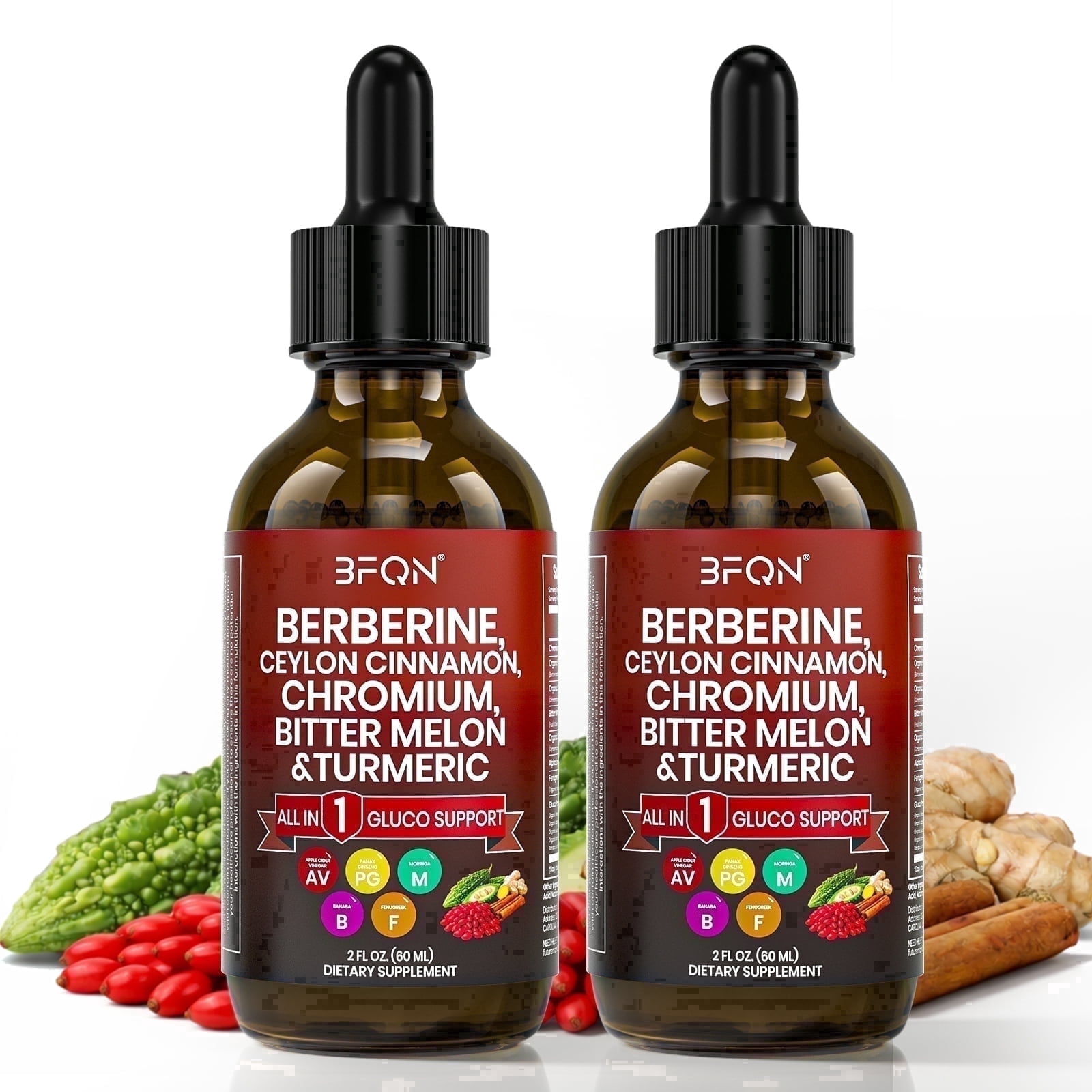 BFQN Organic Berberine & Ceylon Cinnamon Liquid Drops – 13-IN-1 with Bitter Melon, Turmeric, Support Blood Sugar, Metabolism & Weight Management, 2 fl oz (2-Pack)