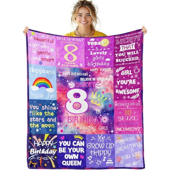 8 Year Old Girl Birthday Gift 8th Birthday Decorations Blanket for Girls,Birthday Gifts for Girls Throw Blanket Crown Flowers Birthday Gifts for Kids Rainbow Throw Blanket Gifts for Girls,50"x40"