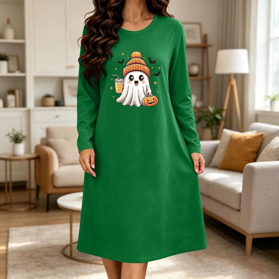 Taqqpue Womens Sleepshirt Long Sleeve Crew Neck Cotton Nightgown Halloween Graveyard Print Oversized Knee Length Casual Pullover Lightweight Sleep Gown for Women All Plus Sizes