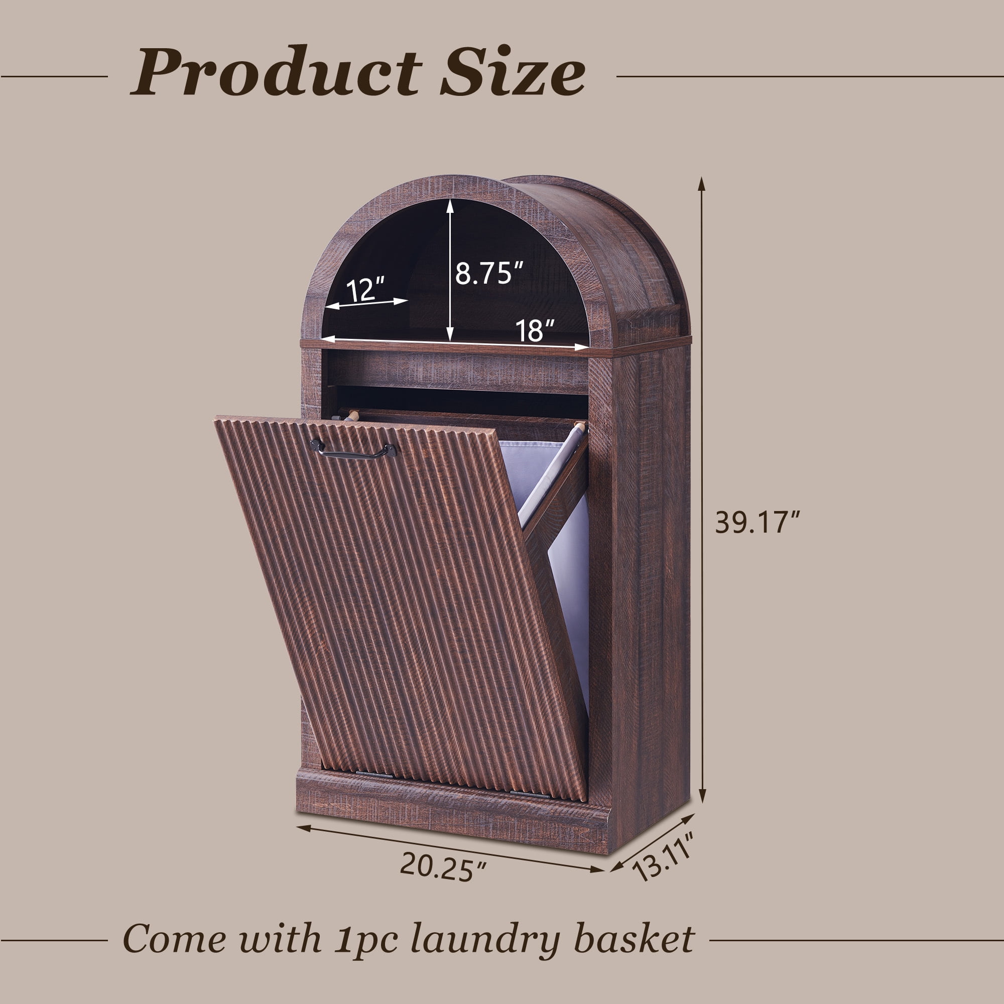 SinCiDo Arched Laundry Hamper Cabinet, 10 Gallon Fluted Hidden Garbage Can Cabinets with Laundry Basket, Free Standing for Bathroom & Kitchen, Brown