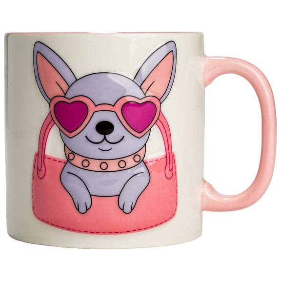 Paris Hilton Ceramic Stoneware Mug, 18 oz, Chihuahua Dog in Purse Design, Microwave & Dishwasher Safe, White with Pink Handle