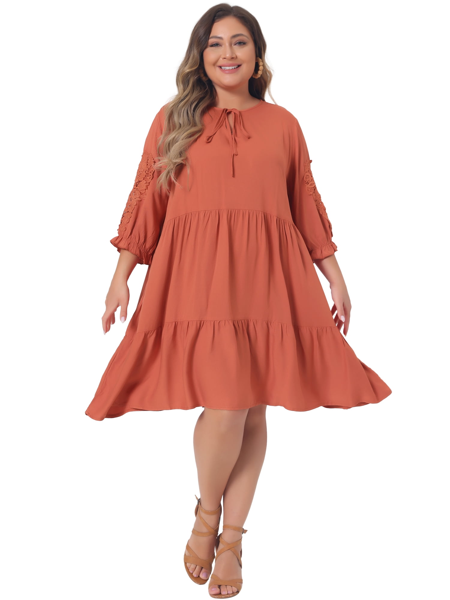 DARING DIVA Women's Plus Size Tie Neck Lace Sleeve  Ruffle Midi Flowy Dress 2X Orange