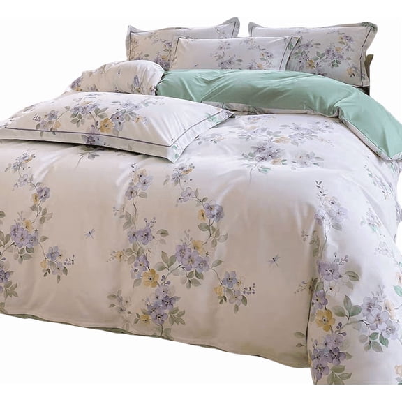 100% Cotton Duvet Cover Set 3Pcs Queen 1 Comforter Cover 2 Pillowcases Bedding Set Floral Printed Soft Breathable
