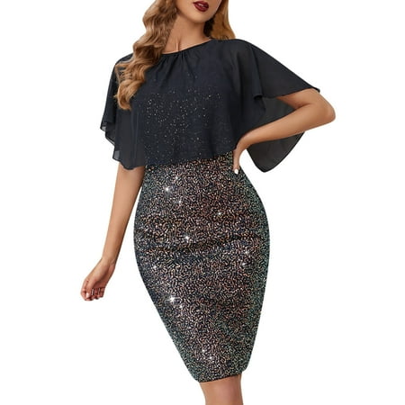 

cllios Womens Sequin Dress Sleeveless Camisole Midi Dresses Sexy Prom Evening Party Bodycon Sparkly Dress and Mesh Chiffon Cape Set