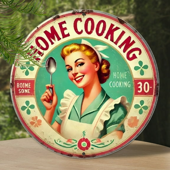 1pc 2D Flat, Vintage Round Metal Kitchen Sign - Retro Home Cooking Decor with Colorful Illustration, Durable Iron Wall Art for Kitchens, Dining Rooms, Bars, or Office Gifts, Dining Room Art  Decorativ