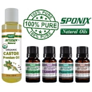 Castor Carrier Oil 8 Oz (236 mL) Eucalyptus Lavender Peppermint Frankincense 10 mL Essential Oils and Carrier Oil Combo - Aromatherapy Skincare Kit by Sponix Made in USA