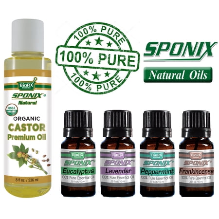 Castor Carrier Oil 8 Oz (236 mL) Eucalyptus Lavender Peppermint Frankincense 10 mL Essential Oils and Carrier Oil Combo - Aromatherapy Skincare Kit by Sponix Made in USA