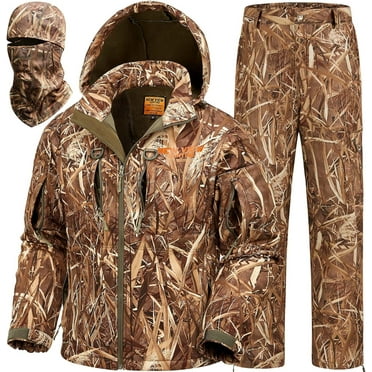 NEW VIEW Camo Hunting Clothes for Men, Quiet Warm Fleece Lining, Cold Weather Duck Hunting Jacket and Pants with Face Mask (Reeds Camo L)