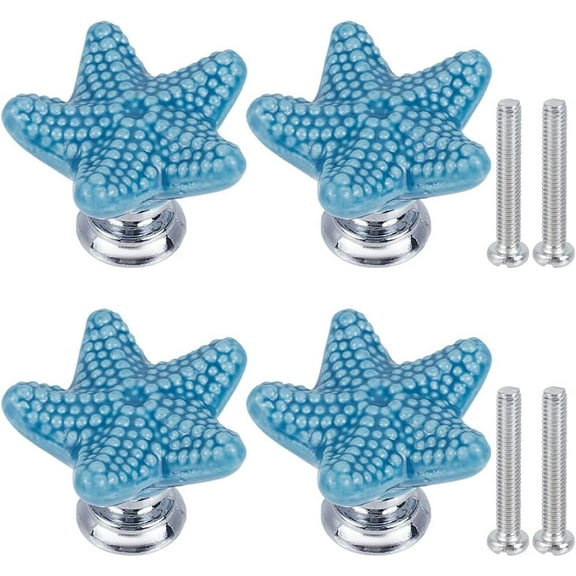4 Sets Starfish Ceramic Cabinet Knobs Marine Animals Theme Ocean Cartoon Style Blue Handmade Dresser Knob Drawer Pulls with Zinc Alloy Finding Iron Screw for DIY