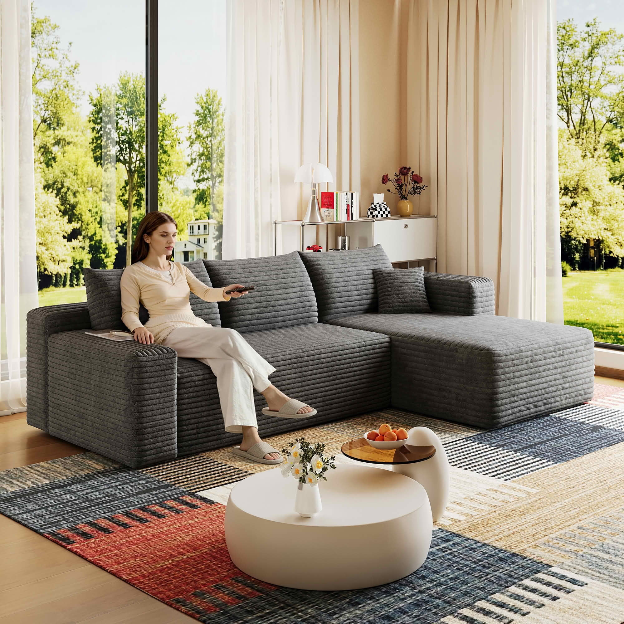 MAYEERTY 95" Corduroy L-Shaped Sectional Sofa, Modern Minimalist Deep Seat Corner Couch with Chaise, No Assembly Leisure Sofa for Home