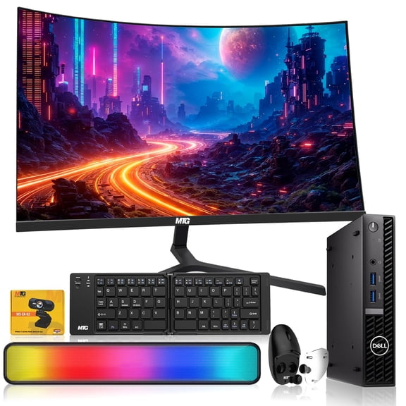 Restored Dell Optiplex Tiny Mini PC,Intel i5,16GB RAM,512GB SSD+500GB HDD,24 Inch Curved Monitor,Foldable Wireless Keyboard/Mouse with Built in Earbuds,RGB Soundbar,Webcam,USB WiFi & BT,Win 11 (Refurbished)