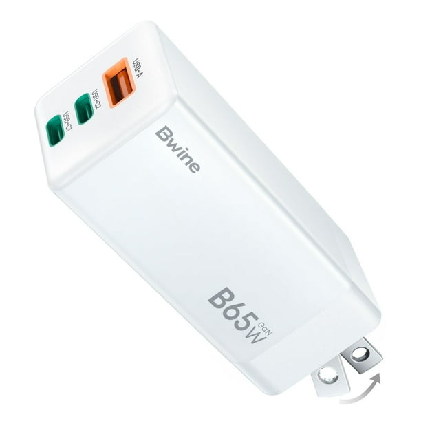 Cargador Bwine USB C de 65 W y 3 puertos GaN Fast Wall para drones, color blanco