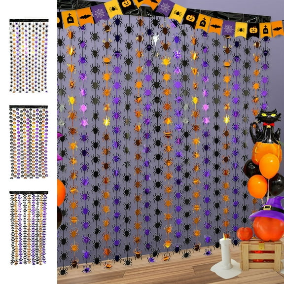 Orange Purple and Black Spider Tinsel Foil Fringe Curtains, Halloween Party Decorations, Photo Booth Prop Streamers Backdrop for Summerween Birthday Party Supplies Home Decor 3.28 x 6.56ft