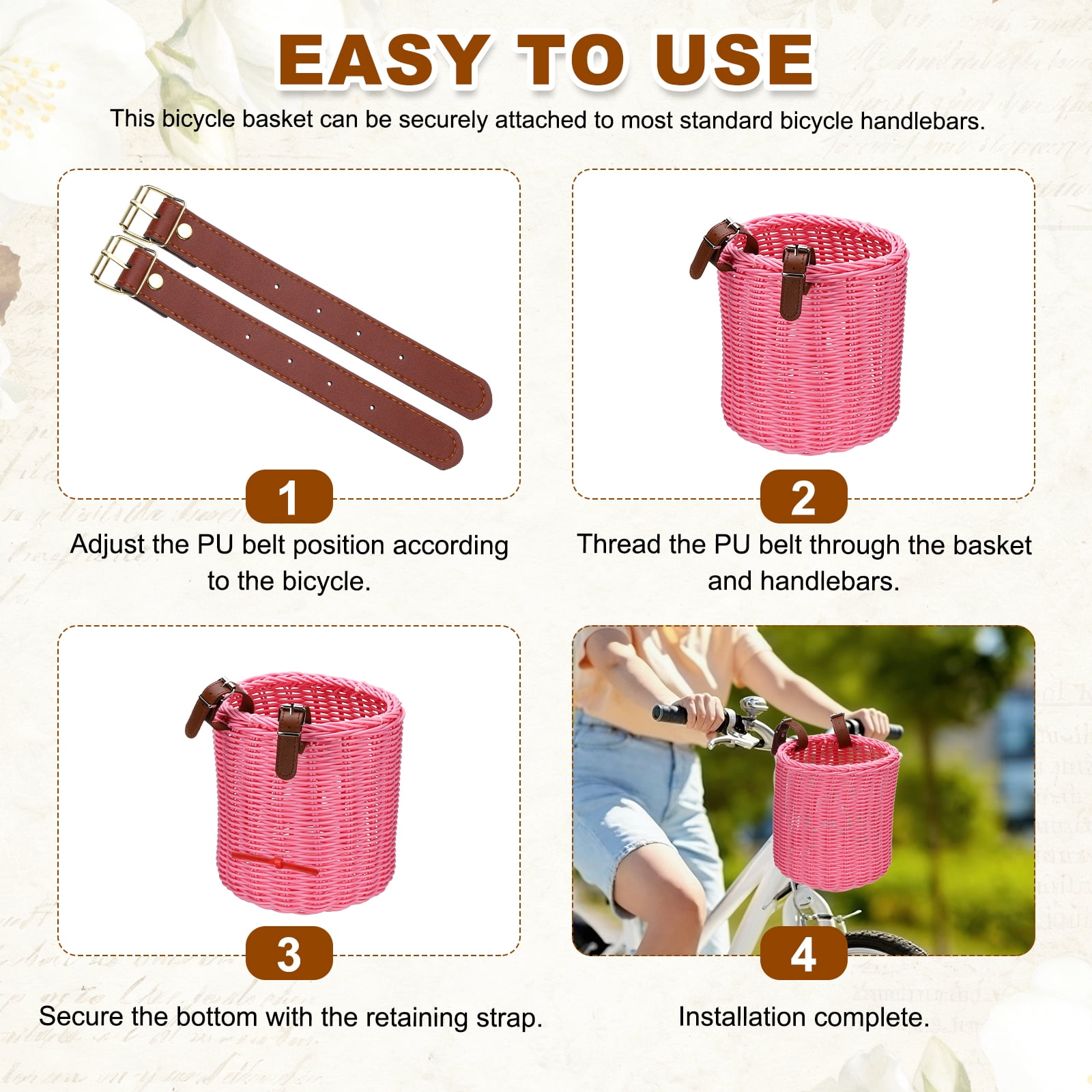 Uxcell Bike Basket, Imitation Rattan Bicycle Basket Adjustable Front Baskets with 2 Leather Belt Buckles Strong Load 7.3 x 7.3 x 8.2" & Pink-Fitting For(Most Bikes/Tricycle/Scooters)