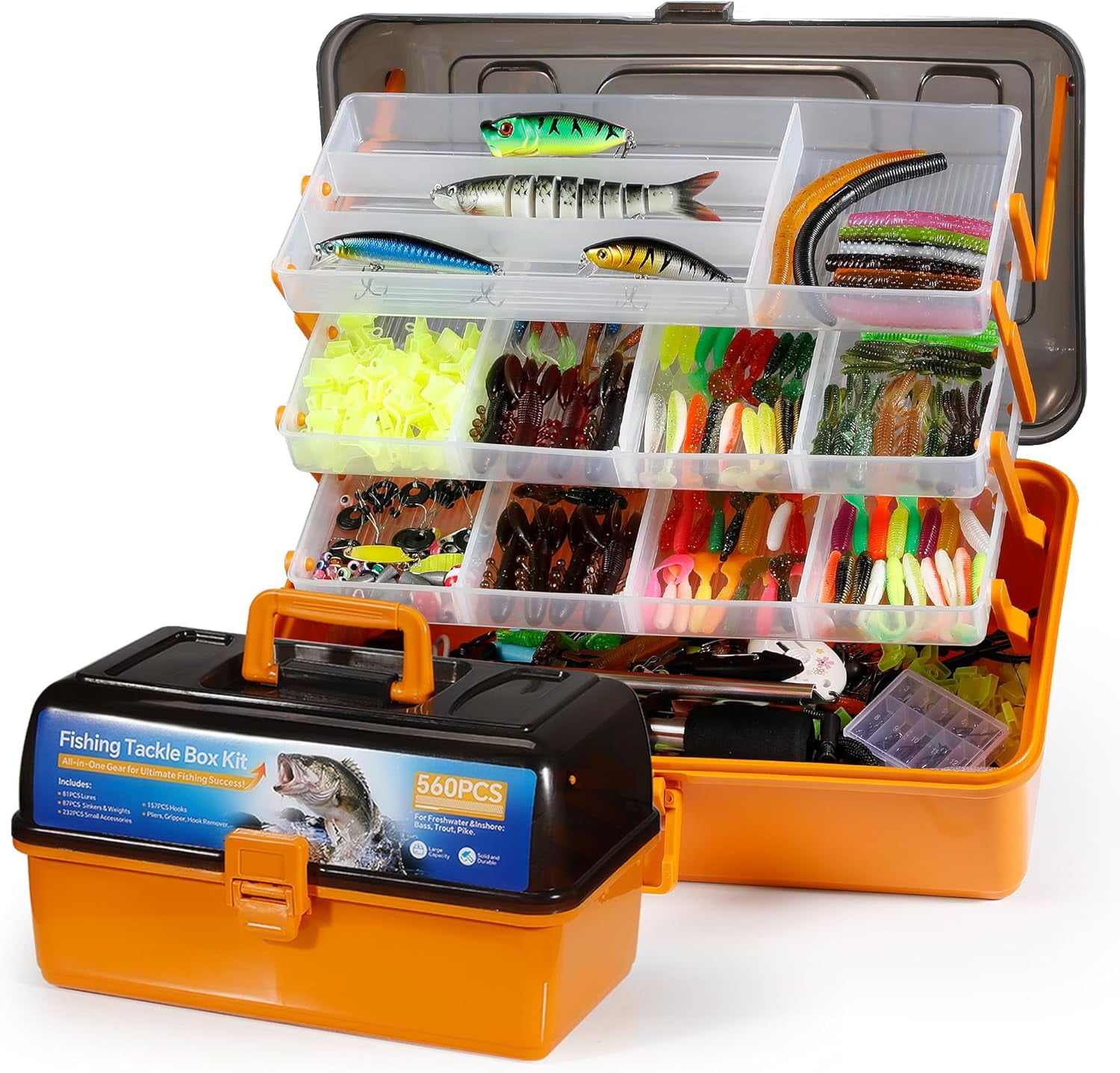 560PCS Fishing Lures Kit with Large 4-Layer Tackle Box, Complete Freshwater Bass Fishing Gear Set with Pliers, Hooks, Crankbait, Sinkers, Jigs, Weights & More Accessories, Gift for Men