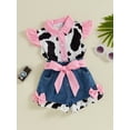 thumbnail image 4 of BemeyourBBs Western Baby Girl Summer Clothes Toddler Baby Denim Cowgirl Outfits Fly Sleeve Cow Print Button Down Shirt Jeans Shorts Set Belt Toddler Girl Summer Outfit, 4 of 9