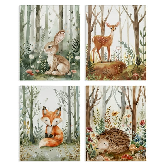 Stupell Industries Baby Animals in Woods Animals Painting Wrapped Canvas Art Print Wall Art, 14 x 11, Set of 4