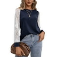 thumbnail image 2 of Blusa de encaje Mujer Mujer Manga larga Cuello redondo Casual Camiseta holgada Manga de encaje Top Azul marino M, 2 of 8