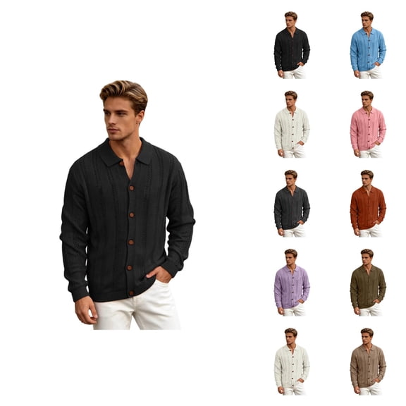 Mens Cardigan Sweater Long Sleeve Casual Button Down Lapel Collar Hollow out Knit Cardigans Fall Clothes