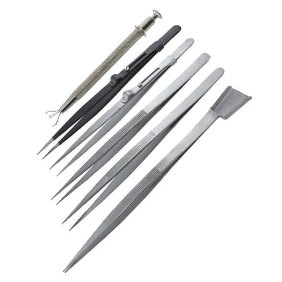 JEWEL TOOL 6-Piece Diamond Handling Tweezer Set | Stainless Steel | 5 Tweezers & Pick-Up Tool | 6¼" Slide Lock Tweezers