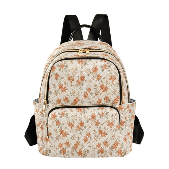 Qxltty Quilted Backpack for Women, Cream Orange Floral Travel Daypack with Front Pocket for Casual Daily Use