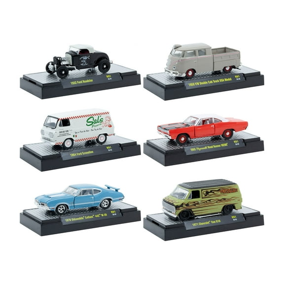 "Auto Meets" Set of 6 Cars IN DISPLAY CASES Release 91 Limited Edition 1/64 Diecast Model Car by M2 Machines