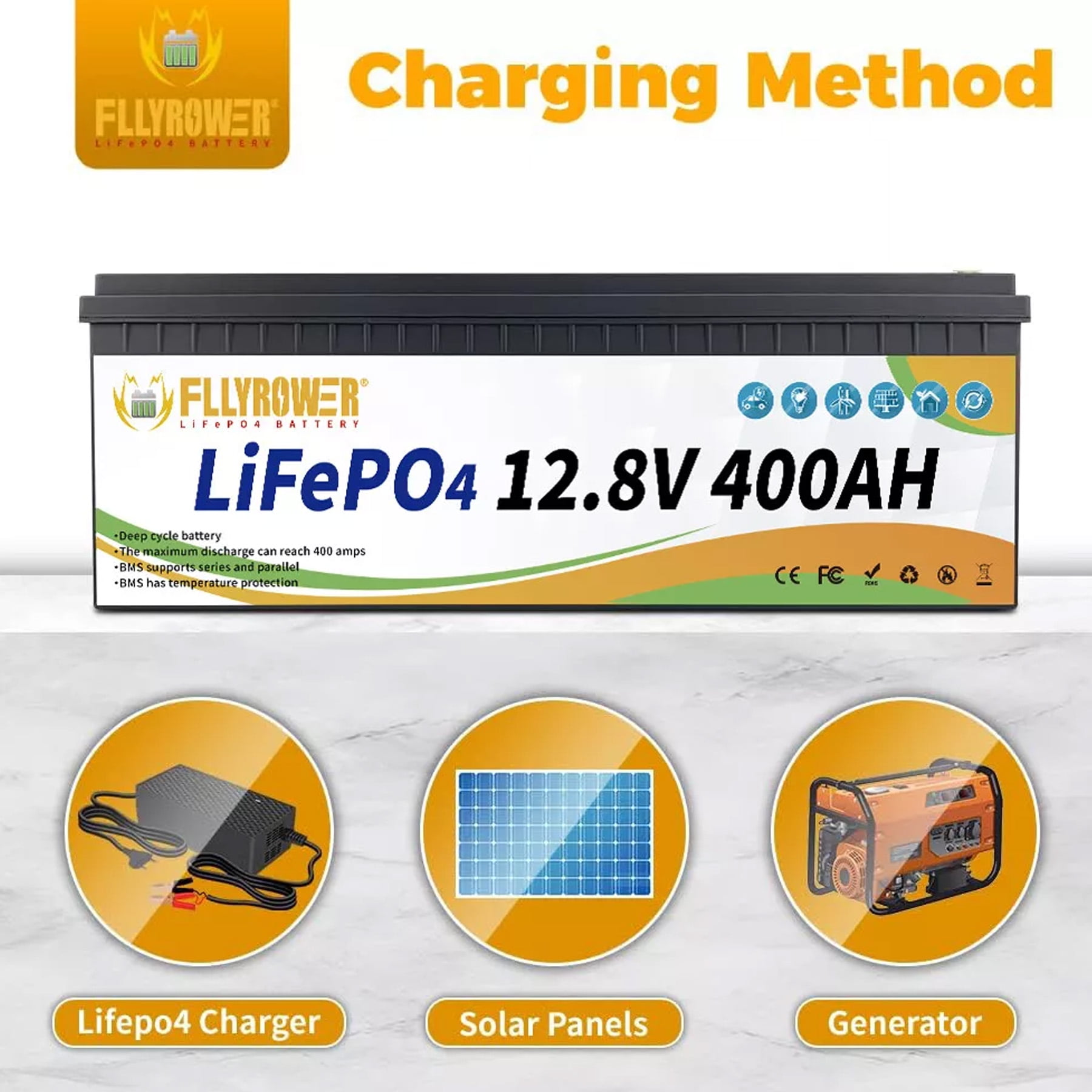 12V 400Ah Golf Carts LiFePO4 Battery with Charger,Built in 200A BMS,FLLYROWER for RV,Marine,Trolling Motor,Solar System,16000+ Deep Cycles & 10 Years Lifetime