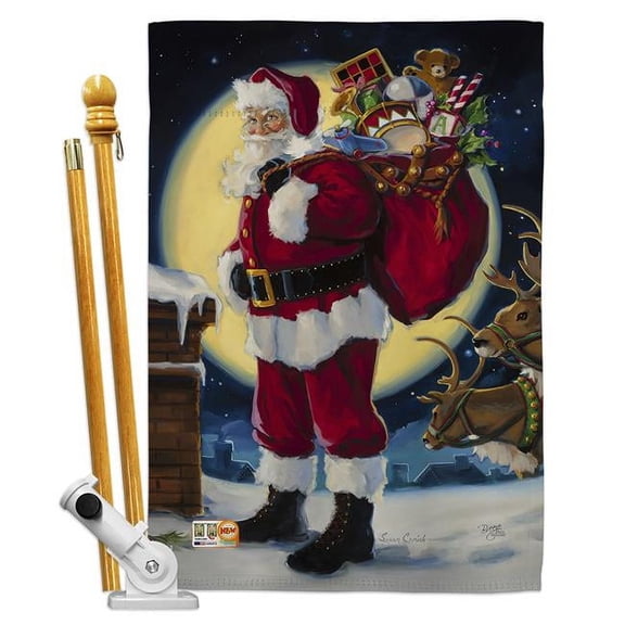 Breeze Decor BD-XM-HS-114131-IP-BO-D-US16-SB 28 x 40 in. Moonlit Santa Winter Christmas Impressions Decorative Vertical Double Sided House Flag Set & Pole Bracket Hardware