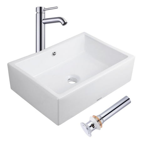 Aquaterior Porcelain Ceramic Vessel Sink + Chrome Faucet + Popup Drain Set for Bathroom