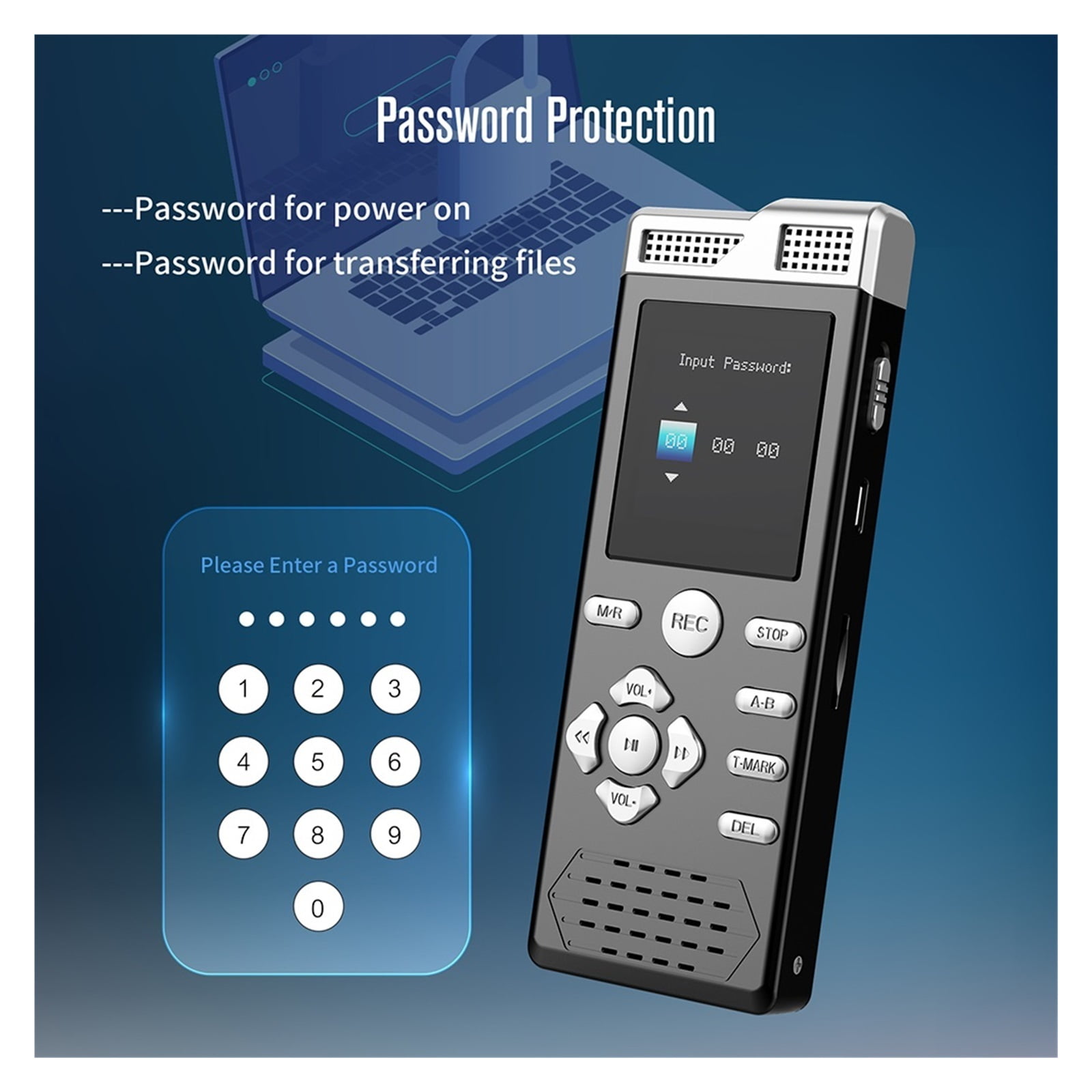 Voice Activated Dual Microphone Recording Password Protection Digital Voice Recorder  Music Player