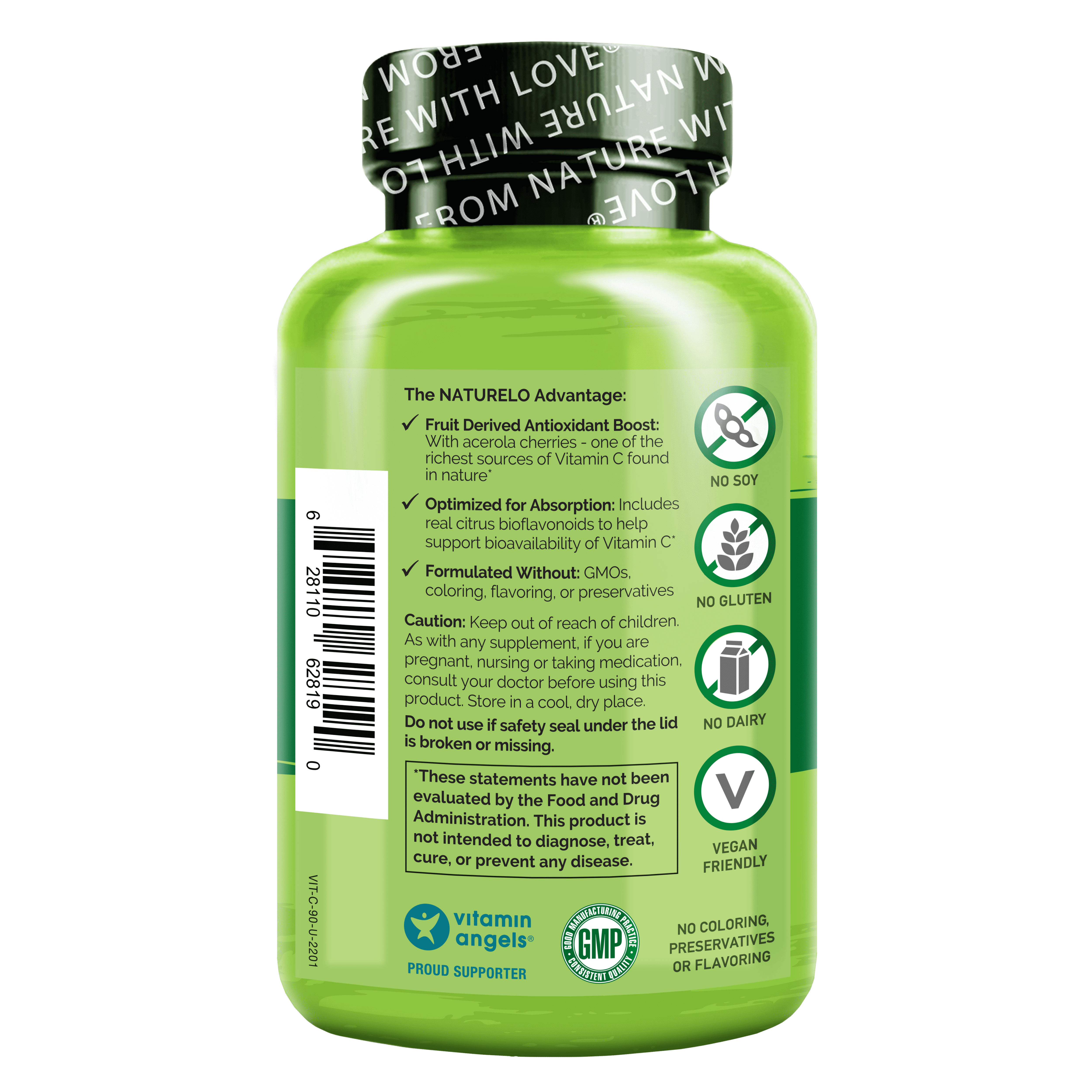 NATURELO Vitamin C with Organic Acerola Cherry Extract and Citrus Bioflavonoids - Vegan Supplement - Immune Support - 500 mg VIT C per Cap - Non-GMO - 90 Capsules