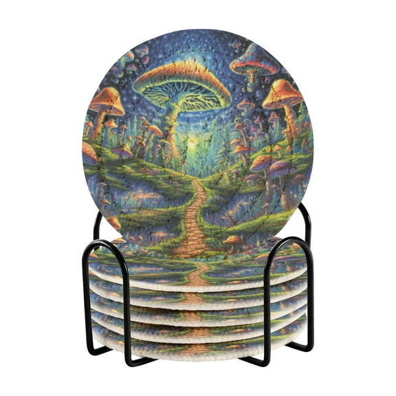 Psychedelic Mushrooms Drink Coasters with Holder Absorbent Coaster for Coffee Table Room Decor 6 Pack