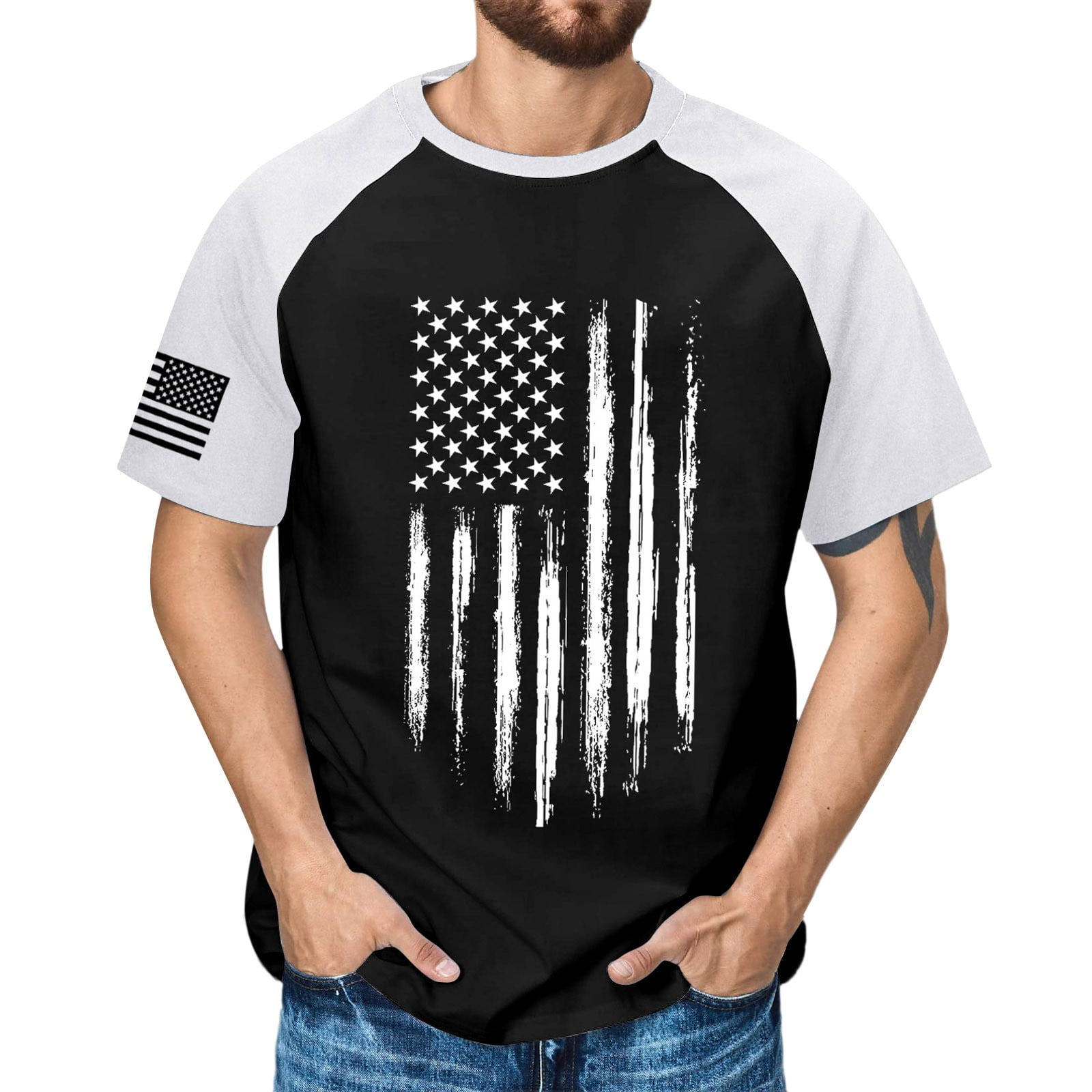 Man T Shirts T Shirt Men Heavy Cotton T Shirts Men Men's Independence Day Small Print Color Contrast Spring Summer Leisure Men's Graphic Metallic Long Sleeve Shirt Long Tight Top -