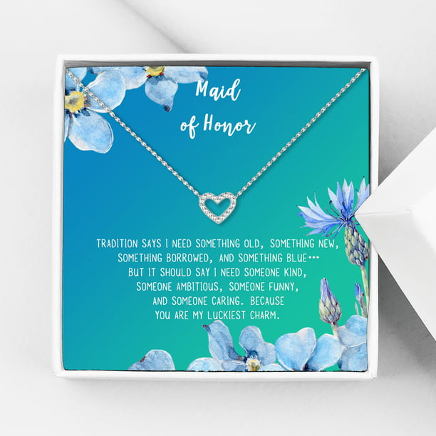 Anavia Maid of Honor Necklace Gift, Maid of Honor Sister Gift, Maid Of  Honor Card for Girls, Wedding Gifts Jewelry Necklace-[Silver Mini Crystal  Heart, Bright Blue Gift Card] 