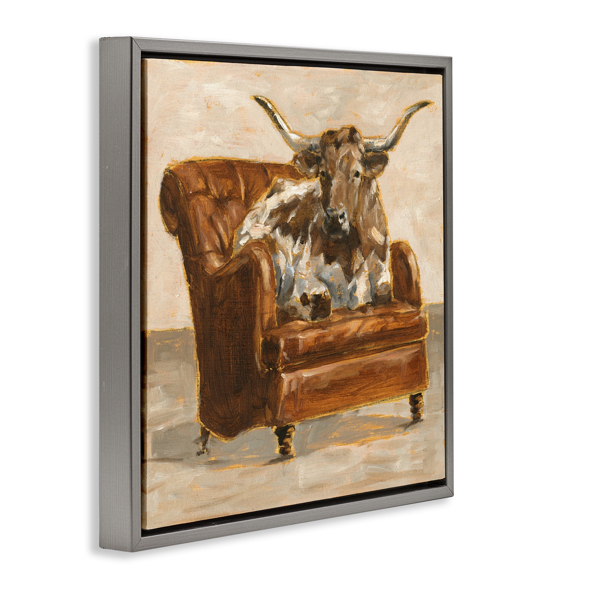 Stupell Industries Abstract Bull Livingroom Chair Animals & Insects Painting Gray Floater Framed Canvas Art Print Wall Art, 25 x 25