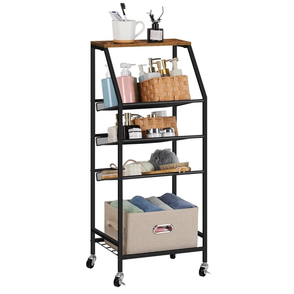 5-Tier Brown Rolling Storage Cart - Slim Utility Cart with Wheels & Tilted Shelves for Bathroom, Kitchen, Laundry, Bedroom